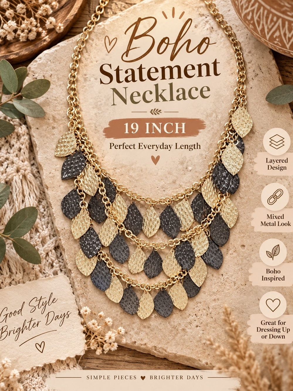 708 Boho Layered Gold and Black Mixed-Metal Necklace